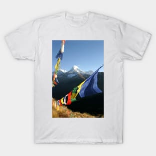 Buddhist Prayer Flags with Himalaya mountain peaks T-Shirt